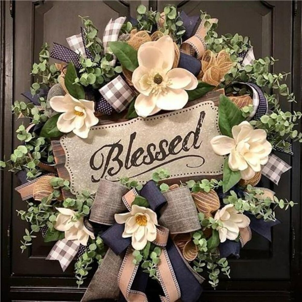 Magnolia front door wreath farmhouse decor buffalo plaid summer porch hanger